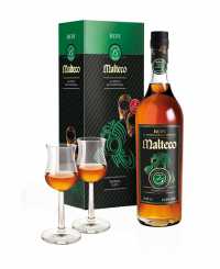 2 verres et Malteco 15 ans Reserva Maya dans un coffret Coffret Malteco 15 ans Reserva Maya et deux verres